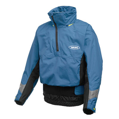 Studio image of the front of a blue Yak Apollo dry cag.