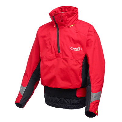 A red and black Yak Apollo Dry Cag, featuring a front zipper and a hood, designed for dry water activities.
